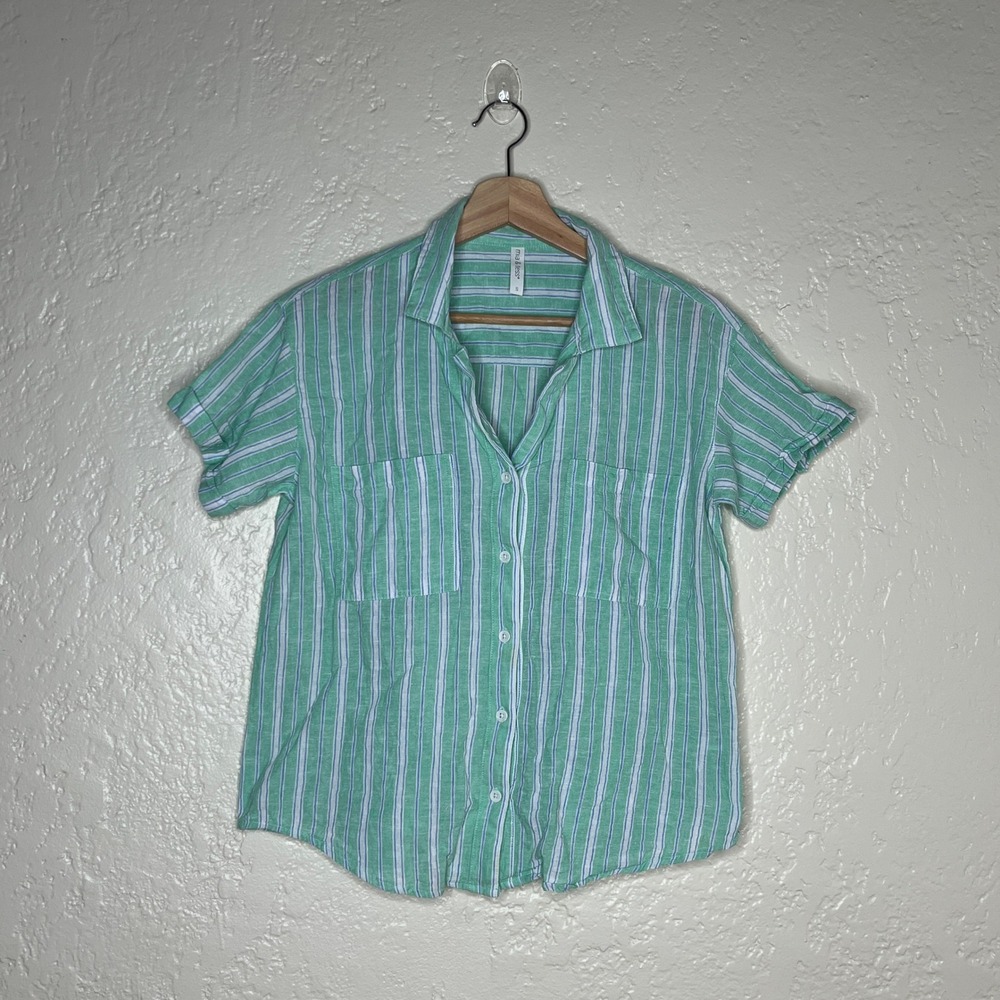 Mia & Tess Linen Blend Striped Camp Shirt Mint Blue Button Up Small T1669SKMPS